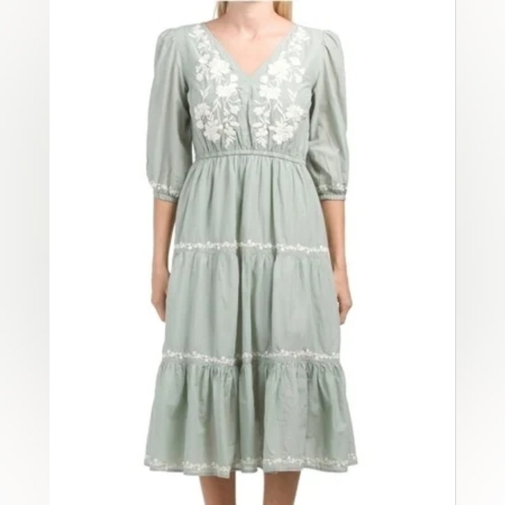 S Lucky Brand Light Green‎ Embroidered Maxi Dress